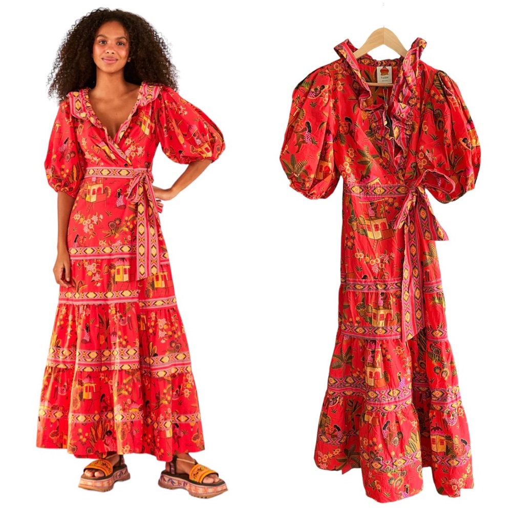 Farm Rio Red Secret Garden Cotton Puffy Sleeve Maxi Dress Small